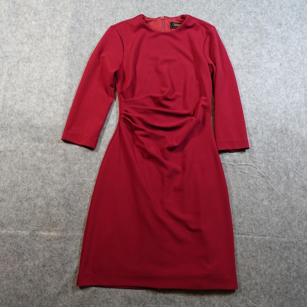 Alexia Admor Dress Womens Extra Small Red Midi Long Sleeve Ruched Crew Sheath